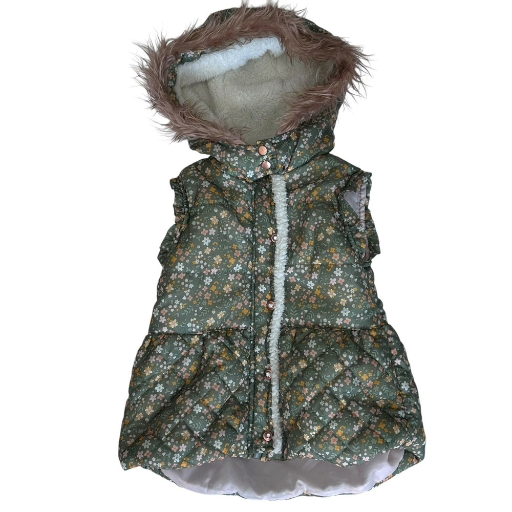 Nannette Kids Size 5 Floral Puffer Hooded Zip &‎ Button Fuzzy Vest Girly